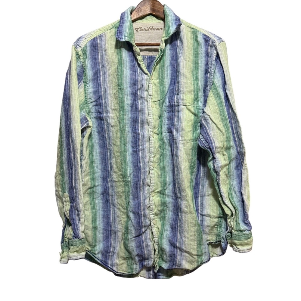 Caribbean Linen Blend Button Down Shirt Mens M Green Blue Striped Excellent